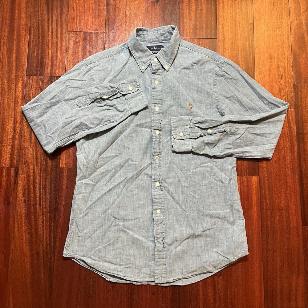 Ralph Lauren Shirt Mens Large Blue Slim Fit Chambray Lightweight Flesh Pony *